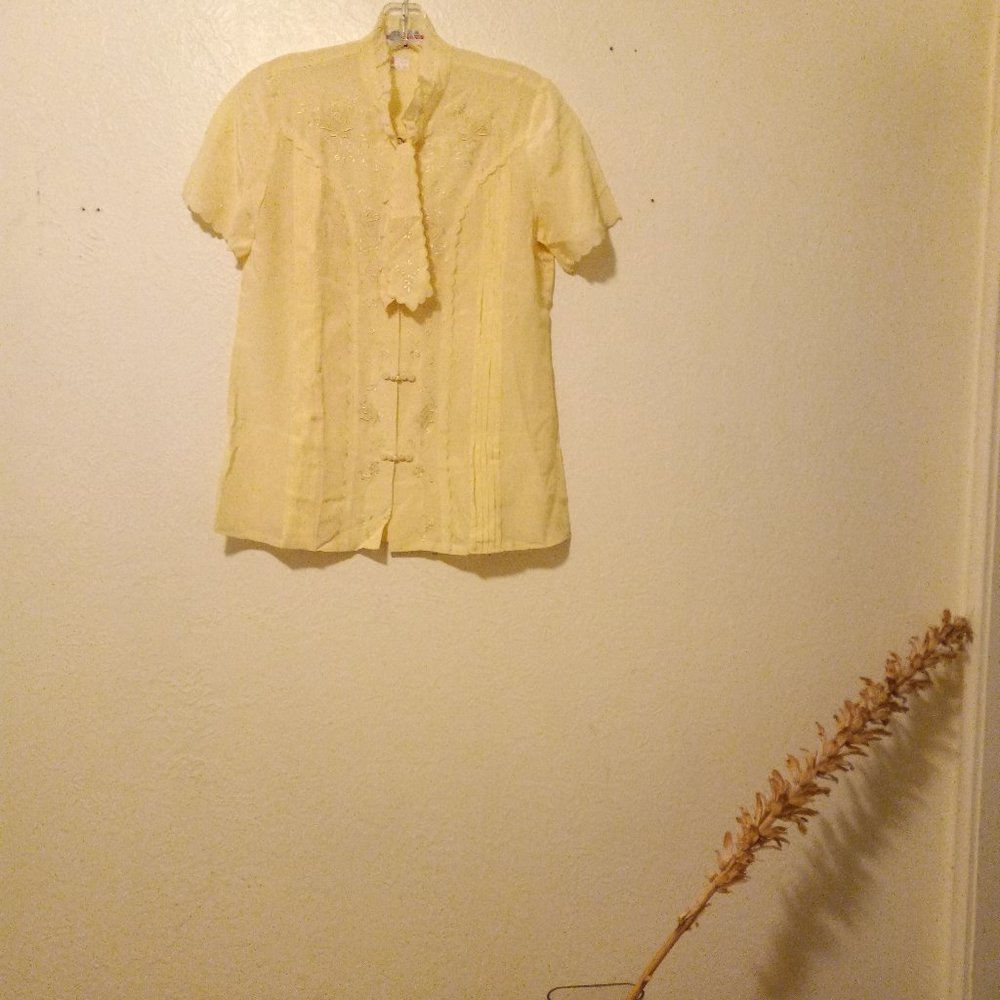 Vintage Silk Hand Embroidered Tie Neck Blouse Feminine Delicate Regency
